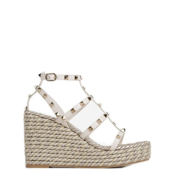 Valentino Garavani Rockstud Caged 95 Rope and Leather Wedge Sandal
